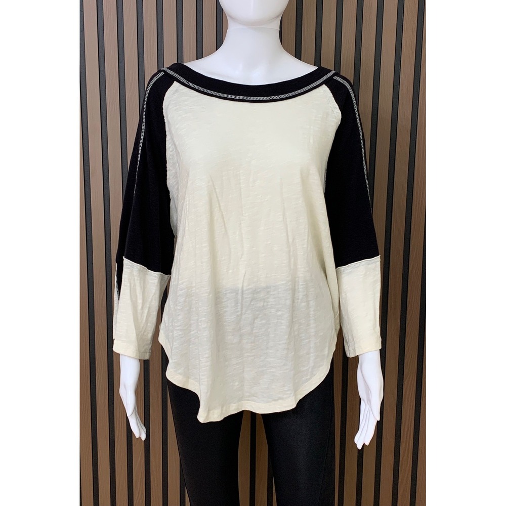 We The Free People Women's Raglan Top Small Black White Colorblock Slub  Shirt‎